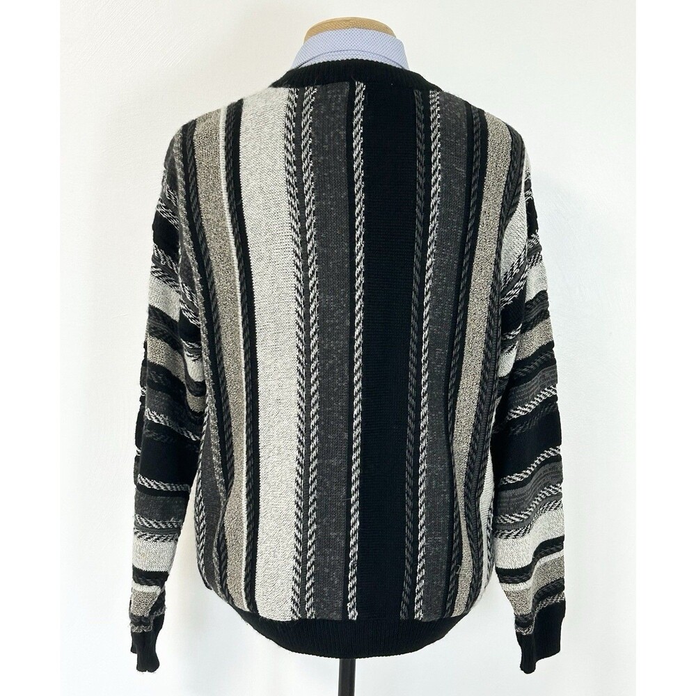 Vintage Irvine Park Cardigan Sweater 3D Textured Stripe Black Gray Large Mens - Picture 3 of 9